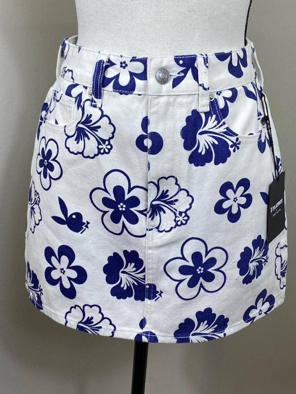 Pacsun x Playboy white denim skirt with blue accents